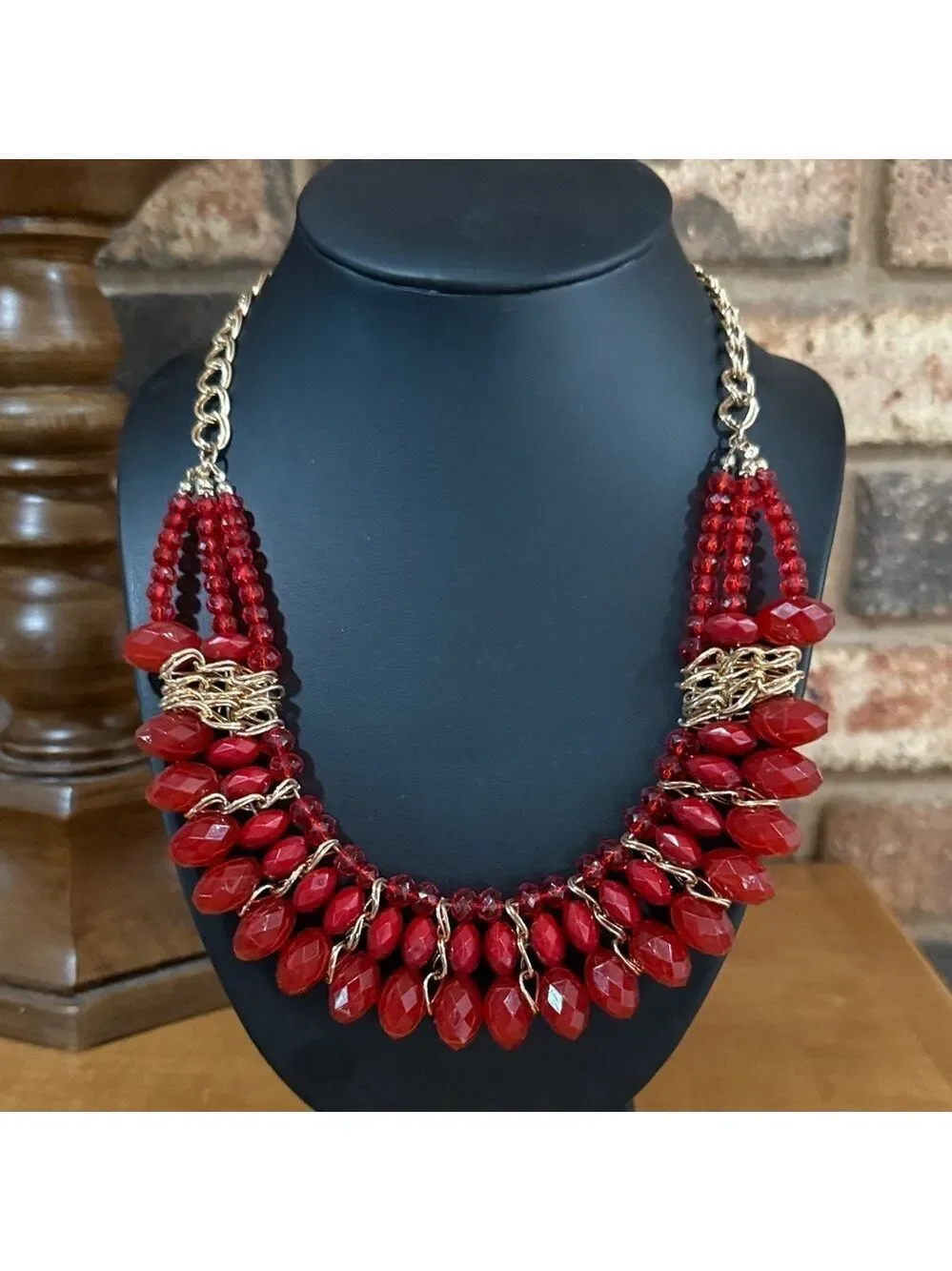 Vintage Red beaded and gold tone statement necklace